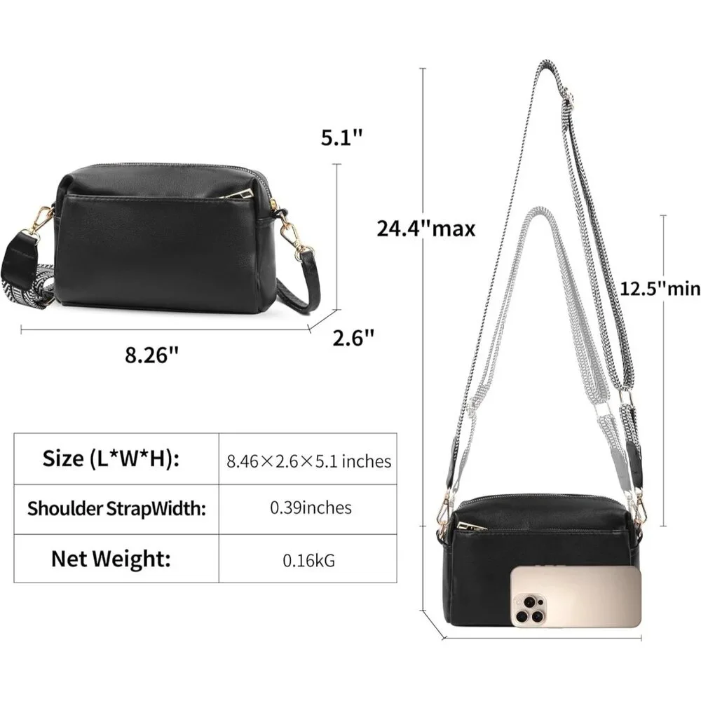 💫 Women Black Leather Cross body Purse Triple Zip Ajustable Strap Shoulder Bag